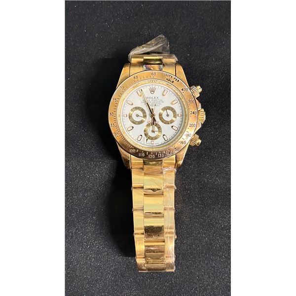 GOLD ONE-TONE ROLEX OYSTER PERPETUAL DAYTONA WHITE FACE WATCH - *REPLICA*
