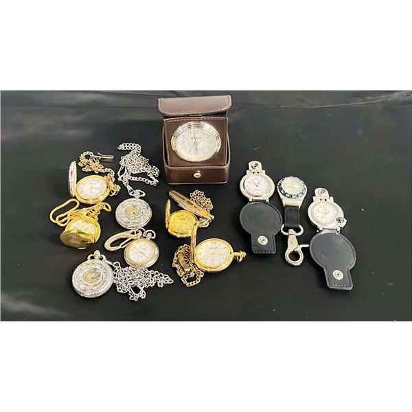 ASSORTED WATCHES & STOP WATCHES INCLUDING: STOKES DESK STAND CLOCK, SKELETON POCKET WATCHES, SWANK