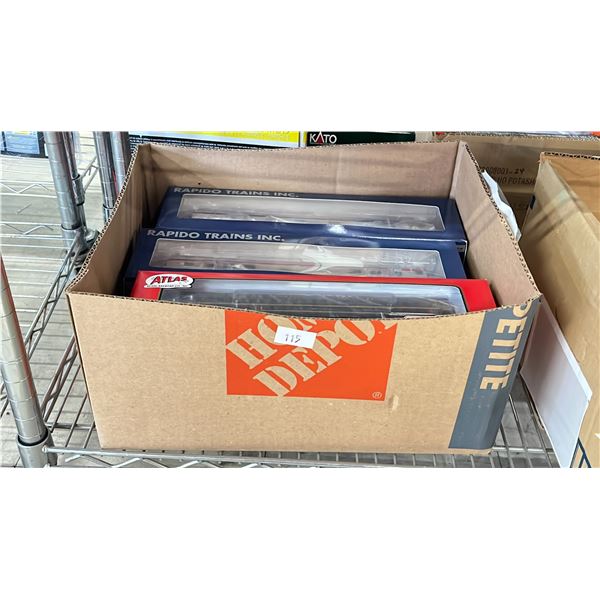 BOX OF ASSORTED ATLAS & RAPIDO MODEL TRAINS