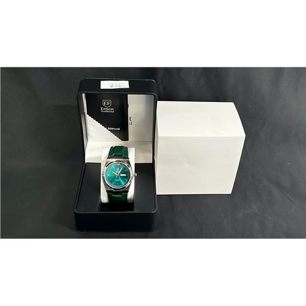 MEN'S ERNEST FERDINAND DAY/DATE WATCH WITH LEATHER STRAP IN BOX: 3ATM WATER RESISTANT