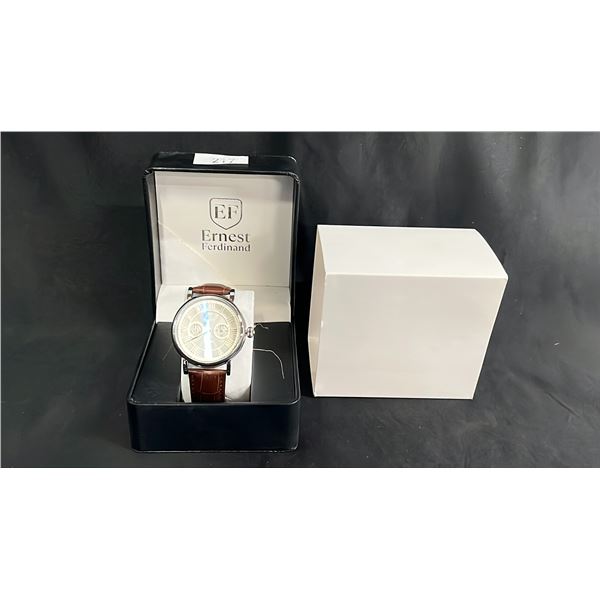 MENS' ERNEST FERDINAND CHRONOGRAPH WATCH WITH LEATHER STRAP: 3ATM WATER RESISTANT