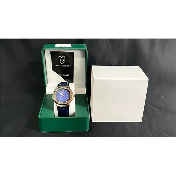 MEN'S FRANK SCHMIDT TEXTURED DIAL WATCH WITH DATE & LEATHER STRAP IN BOX: 3ATM WATER RESISTANT