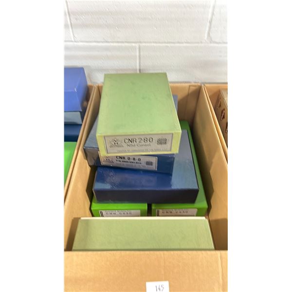 BOX OF ASSORTED CANADIAN NATIONAL RAILWAYS & OVERLAND MODELS HO SCALE MODEL TRAINS