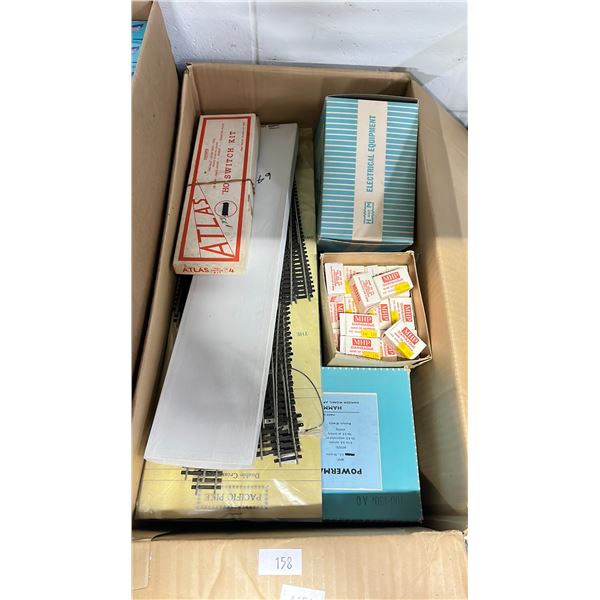 BOX OF MODEL TRAIN ACCESSORIES - TRACKS, VARIABLE TRANSFORMER UNIT, DIAPHRAGMS, POWER CONTROL UNIT