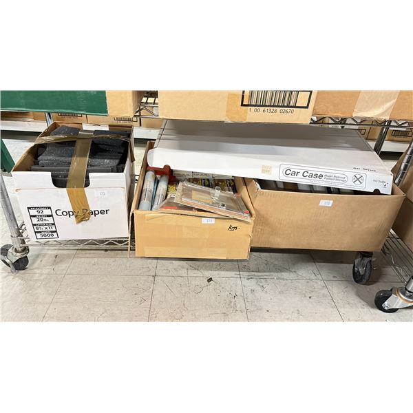 BOX OF ASSORTED ATHEARNS MINIATURE MODEL TRAINS, ASSORTED DECORATIVE VEHICLES, LANDSCAPE BACKDROPS,