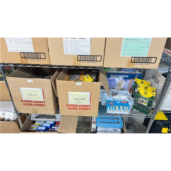 SHELF OF MODEL TRAIN SCENIC STRUCTURES, BILLBOARDS, RAIL JOINERS - FINE STANDARD & FINE SCALE,