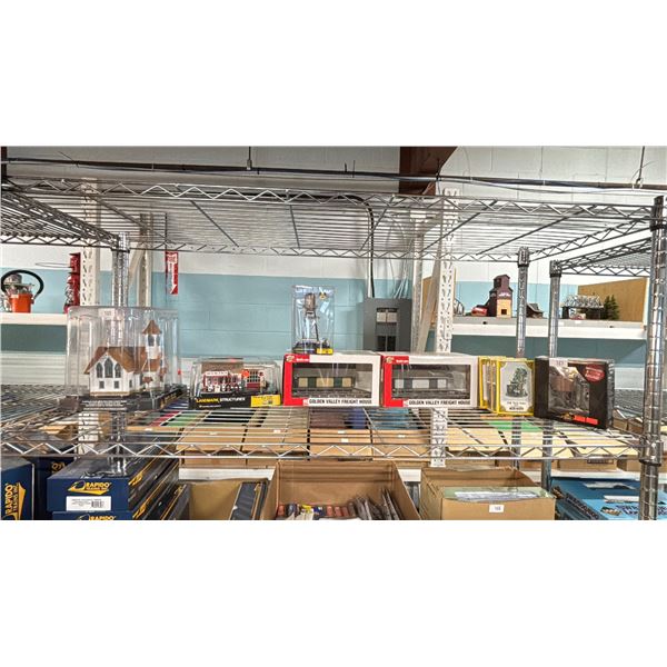 SHELF OF ASSORTED MODEL TRAIN STRUCTURES