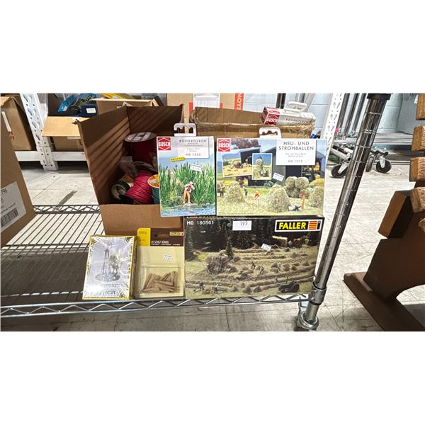 BOX OF MODEL TRAIN SCENERY/LANDSCAPE ACCESSORIES & BOX OF WIRE