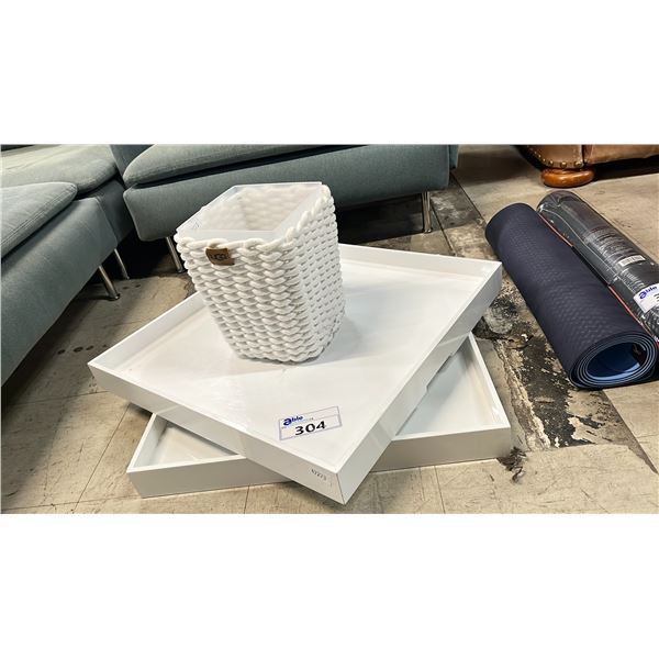 TWO WHITE TABLE TRAYS & A WHITE WASTE RECEPTACLE