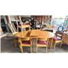 Image 1 : SOLID OAK DINING TABLE WITH 7 MATCHING UPHOLSTERED CHAIRS & 2 LEAFS - APPROX. 78"W X 44"D X 30"H