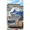 Image 1 : PALLET OF STORAGE LOCKER GOODS - SUITCASES, GROCERY CART, AREA RUGS, RECYCLING BIN, LEATHER BACK