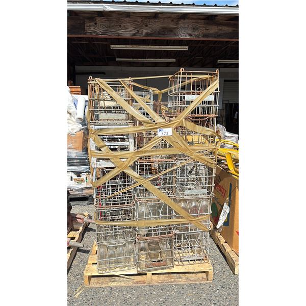 PALLET OF ANTIQUE GLASS RACKS, GLASS MILK JARS, WOODEN CRATES, METAL TOOL CHEST & MORE *MUST TAKE