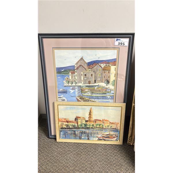(2) FRAMED ARCHITECTURAL PAINTINGS: ONE BEHIND GLASS