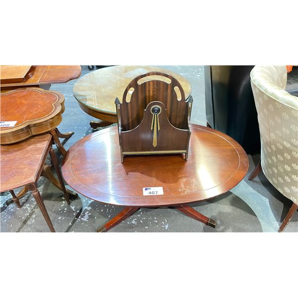 DARK WOODEN OVAL COFFEE TABLE - APPROX. 44"W X 30"D X 17"H & WOODEN MAGAZINE HOLDER