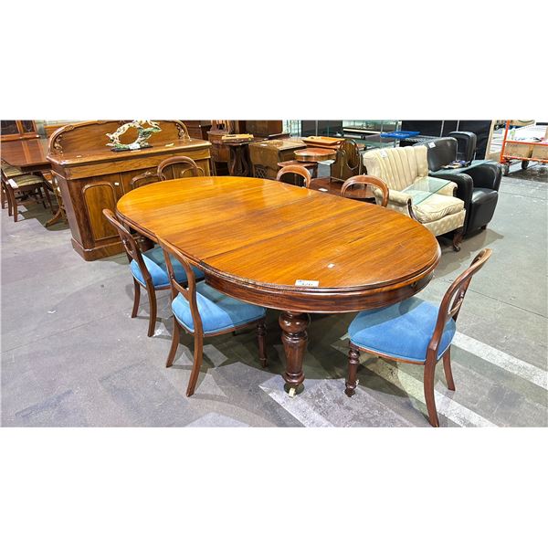 CIRCA 1850'S MAHOGANY CRANK TABLE WITH 6 BALLON BACK CHAIRS & MATCHING SIDEBOARD; TABLE MEASURES -