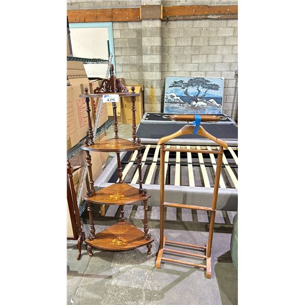 4 TIER WOODEN CORNER SHELF & VINTAGE VALET STAND