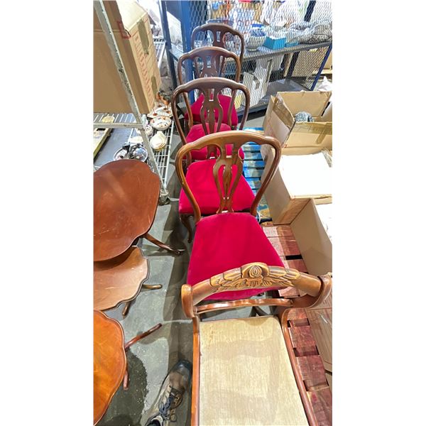 FOUR DARK WOODEN RED PADDED DINING CHAIRS & ONE DARK WOODEN VANITY CHAIR