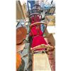 Image 1 : FOUR DARK WOODEN RED PADDED DINING CHAIRS & ONE DARK WOODEN VANITY CHAIR