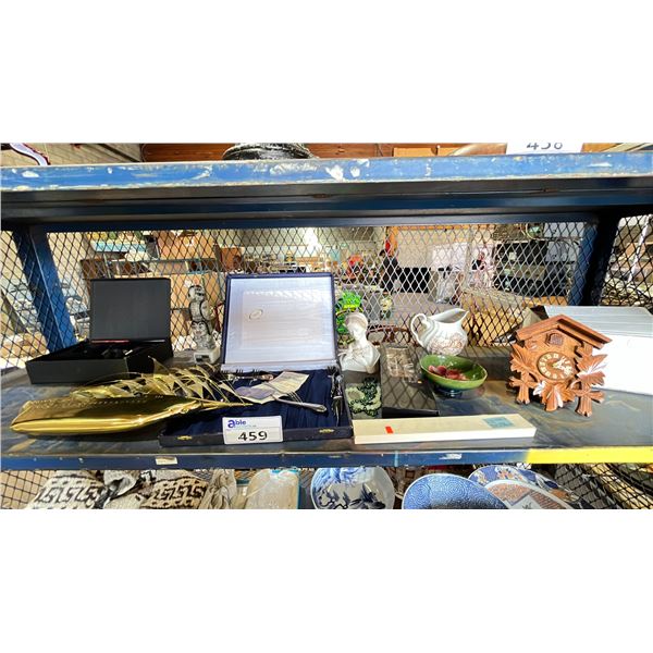 SHELF OF ANTIQUE DECOR, PITCHER, FORKS, SAILBOAT, WOODEN WALL CLOCK & MORE