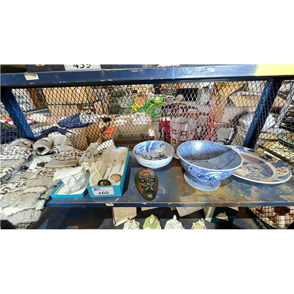SHELF OF ANTIQUE DECOR, CANDLE HOLDERS, & WOOL SWEATER