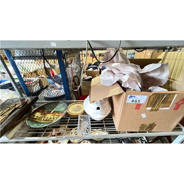 BOX OF VINTAGE GLASSWARE, METAL TRAY DECORATIVE DISHES, ASHTRAY, WALL DECOR & MORE
