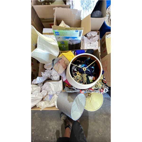 PALLET OF LAMP SHADES, GLASSWARE, CLOTHING, SCARVES & MORE *MUST TAKE ALL ON PALLET*