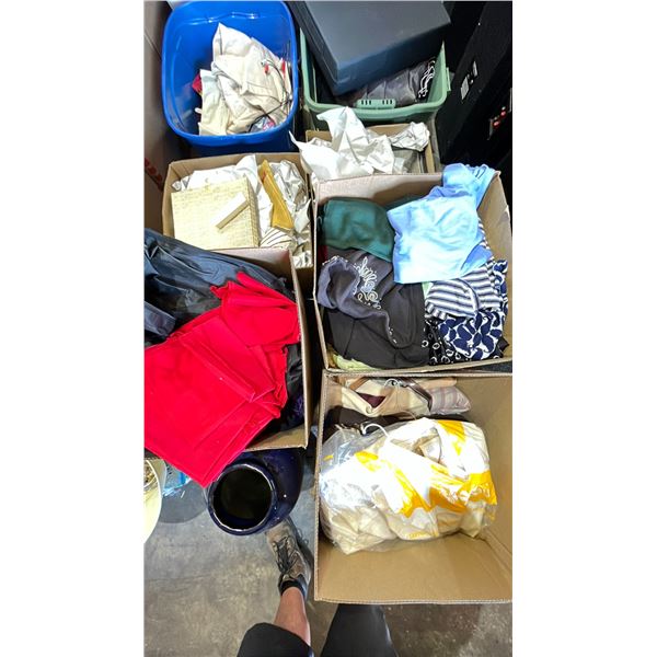 PALLET OF ASSORTED CLOTHING, DECORATIVE VASE, GLASSWARE, DECORATIVE PLATES & MORE
