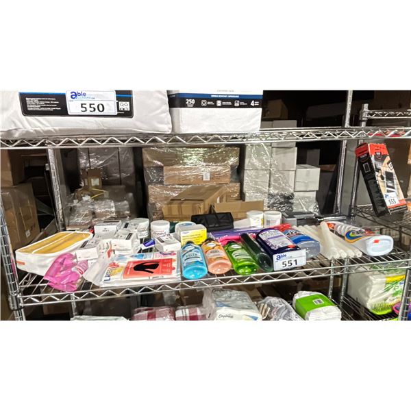 SHELF OF DOVE SOAP, EQUATE IBUPROFIN, HERBAL ESSENCES SHAMPOO & CONDITIONER, CANDLES & MORE