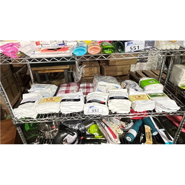 SHELF OF PAPER NAPKINS, SOCKS, BABY WIPES, ASSORTED DISH CLOTHES & ASSORTED DISH TOWELS