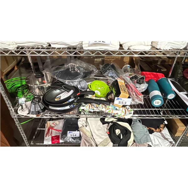 SHELF OF POTS, PANS, REUSABLE COFFEE FILTER, STARFRIT KITCHEN UTENSILS, COFFEE PRESS & MORE