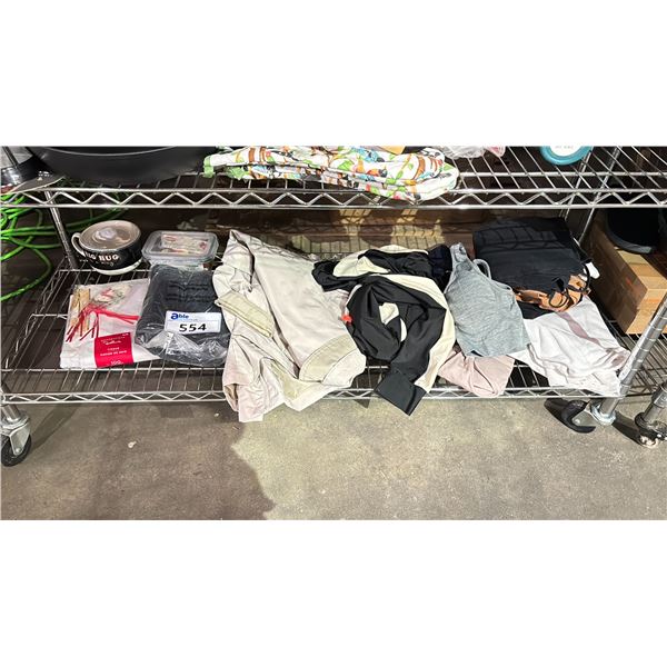 SHELF OF HALLMARK TISSUE PAPER, ASSORTED CLOTHING, BIG MUG & MORE