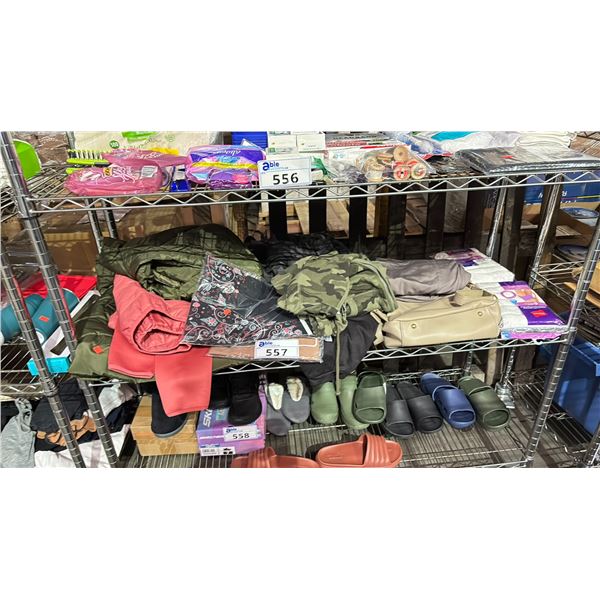 SHELF OF JACKETS, PURSES, SHIRTS, UNDERWEAR & MORE