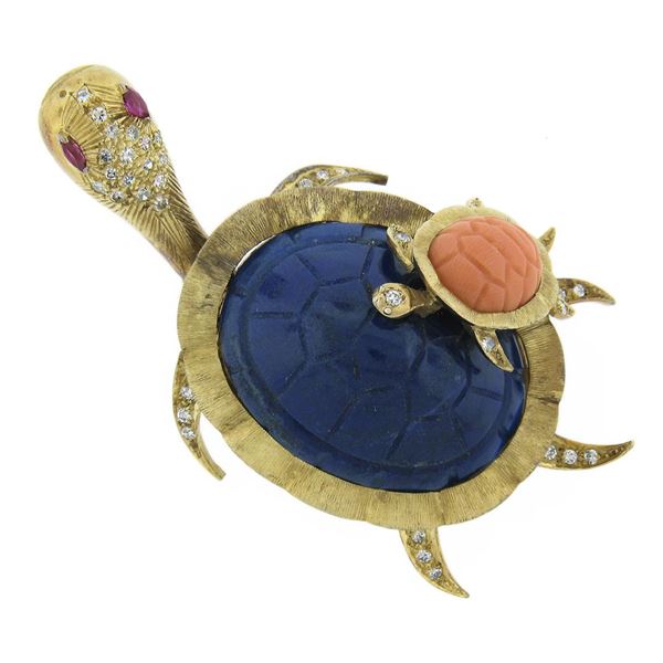 Vintage Lapis Coral Diamond Ruby Mother & Baby Turtle Textured 14k Gold Brooch