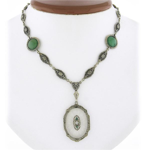 Antique Art Deco White Gold Camphor Glass & Chrysoprase Filigree Drop Necklace