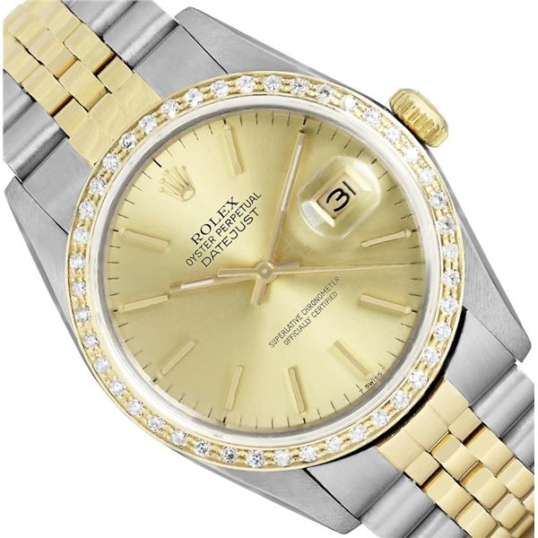 Rolex Mens 2 Tone Champagne Index Diamond Bezel Datejust Wristwatch With Rolex B