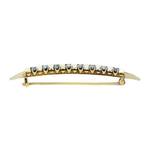 Antique Victorian 14K Yellow Gold Round Sapphire Seed Pearl Crescent Pin Brooch