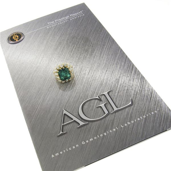 VERY FINE 18k Gold 14.3 ctw AGL Colombian Emerald & Diamond Halo Cocktail Ring