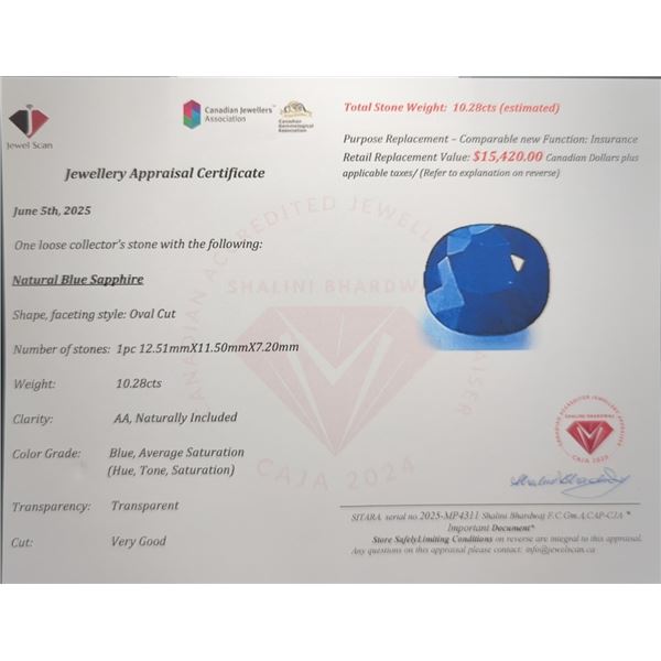 10.28 CT CERTIFIED MED BLUE SAPPHIRE GEMSTONE ($15,420 APPRAISAL)