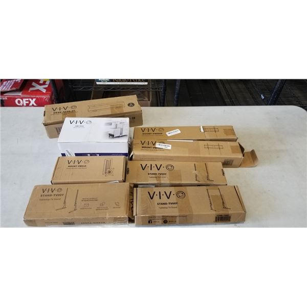 3 TABLETOP TV STANDS, 2 ULTRA HEAVY DUTY TV WALL MOUNTS, CPU CART, SINGLE MONITOR WALL MOUNT AND COR