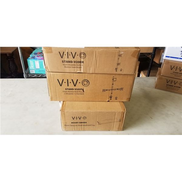 VIVO TRIPLE MONITOR DESK MOUNT, DUAL ULTRAWIDE VERTICAL MONITOR DESK MOUNT, AND BLACK CLAMP ON SMALL