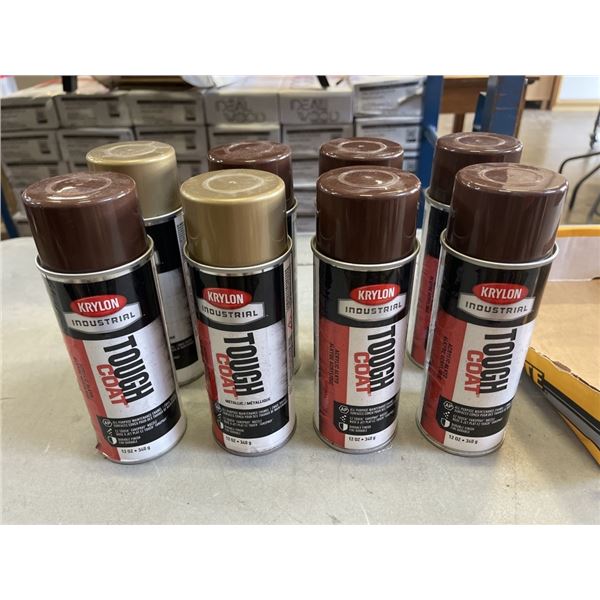 8 NEW KRYLON SPRAY PAINT CANS, 6 BROWN, 2 GOLD AND ALCOHOL HAND SANITIZER