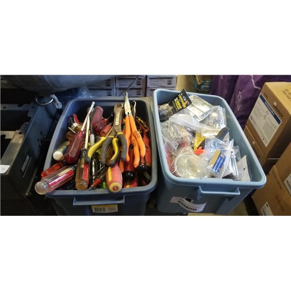 TWO BINS WITH AUTOMOTIVE BULBS AND ELECTRICAL ITEMS, SCREWDRIVERS, PLIERS AND CUTTERS