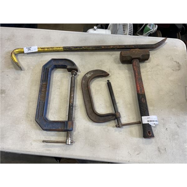 2 C CLAMPS SLEDGE HAMMER AND PRY BAR