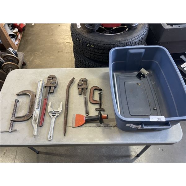 LARGE C CLAMP, PIPE WRENCHES, PRY BAR AND MORE
