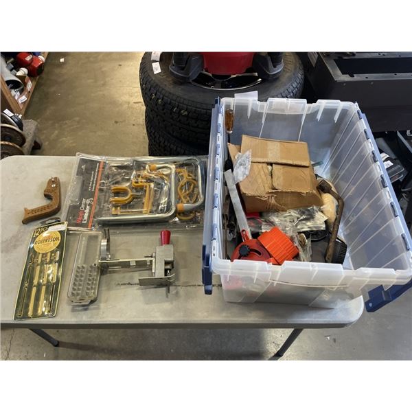 UTILITY HOOK SET AND BIN OF ASSORTED TOOLS