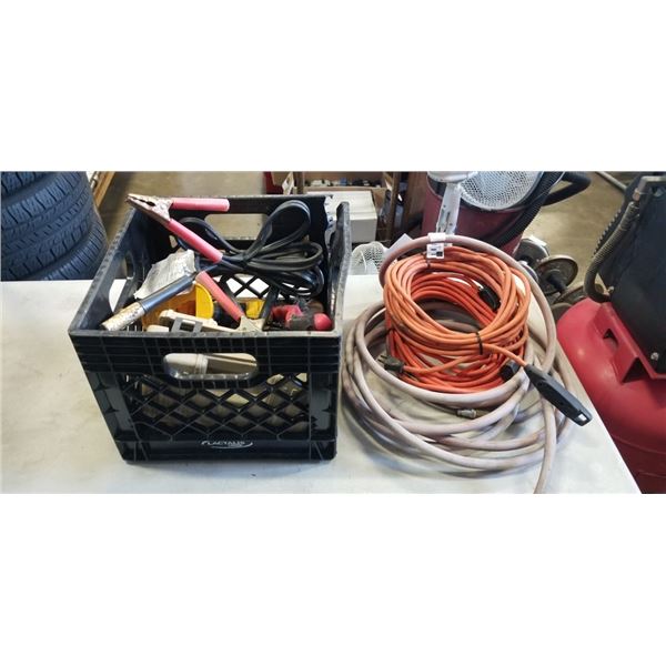 CRATE WITH JUMPER CABLES, DEWALT DRILL, HAND TOOLS, EXTENSION CORD, AND HOSE