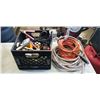 Image 1 : CRATE WITH JUMPER CABLES, DEWALT DRILL, HAND TOOLS, EXTENSION CORD, AND HOSE