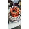 Image 2 : CRATE WITH JUMPER CABLES, DEWALT DRILL, HAND TOOLS, EXTENSION CORD, AND HOSE