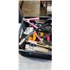 Image 3 : CRATE WITH JUMPER CABLES, DEWALT DRILL, HAND TOOLS, EXTENSION CORD, AND HOSE