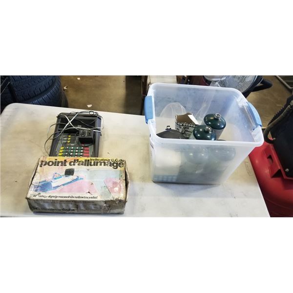 YELLOW METAL TOOL BOX WITH ASSORTED HAND TOOLS AND TOTE WITH MINI PROPANE TANKS, TIMING LIGHT ETC